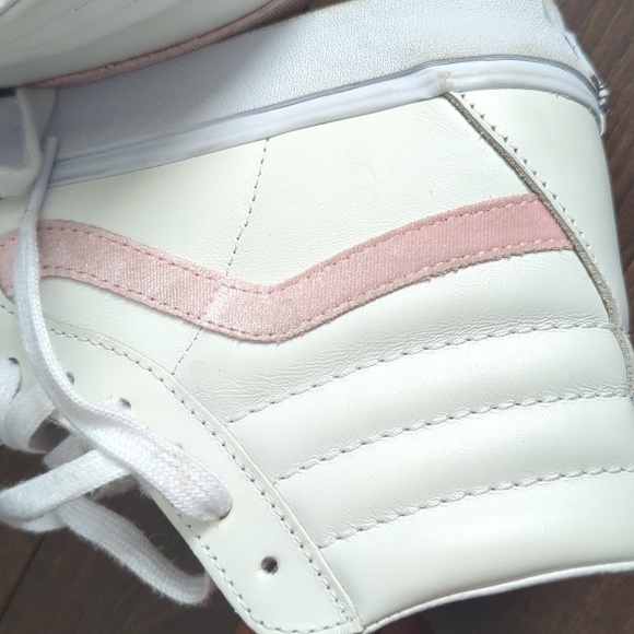 Vans SK8 Classic Hi High White Leather Powder Pink Stripe Skate Shoes - Picture 9 of 10